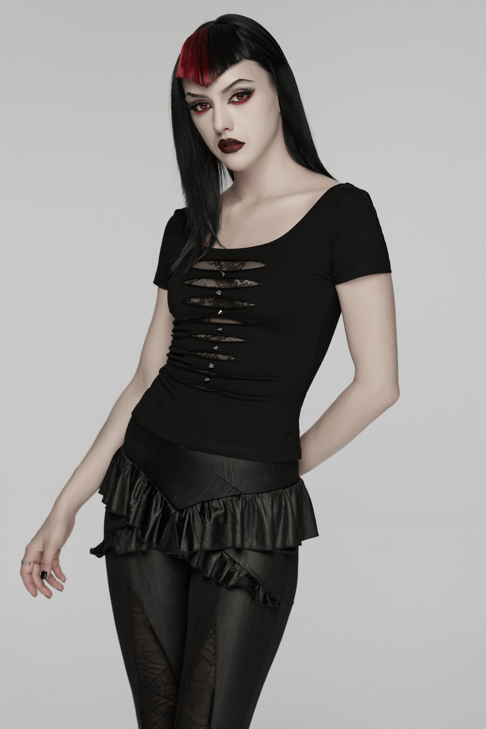 Punk Style Mesh Lace Cutout Short Sleeve T-shirt