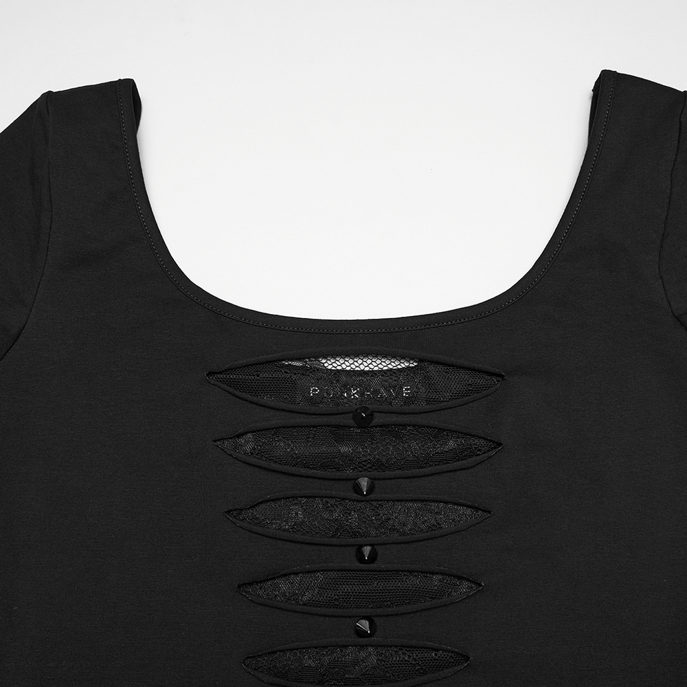Punk Style Mesh Lace Cutout Short Sleeve T-shirt