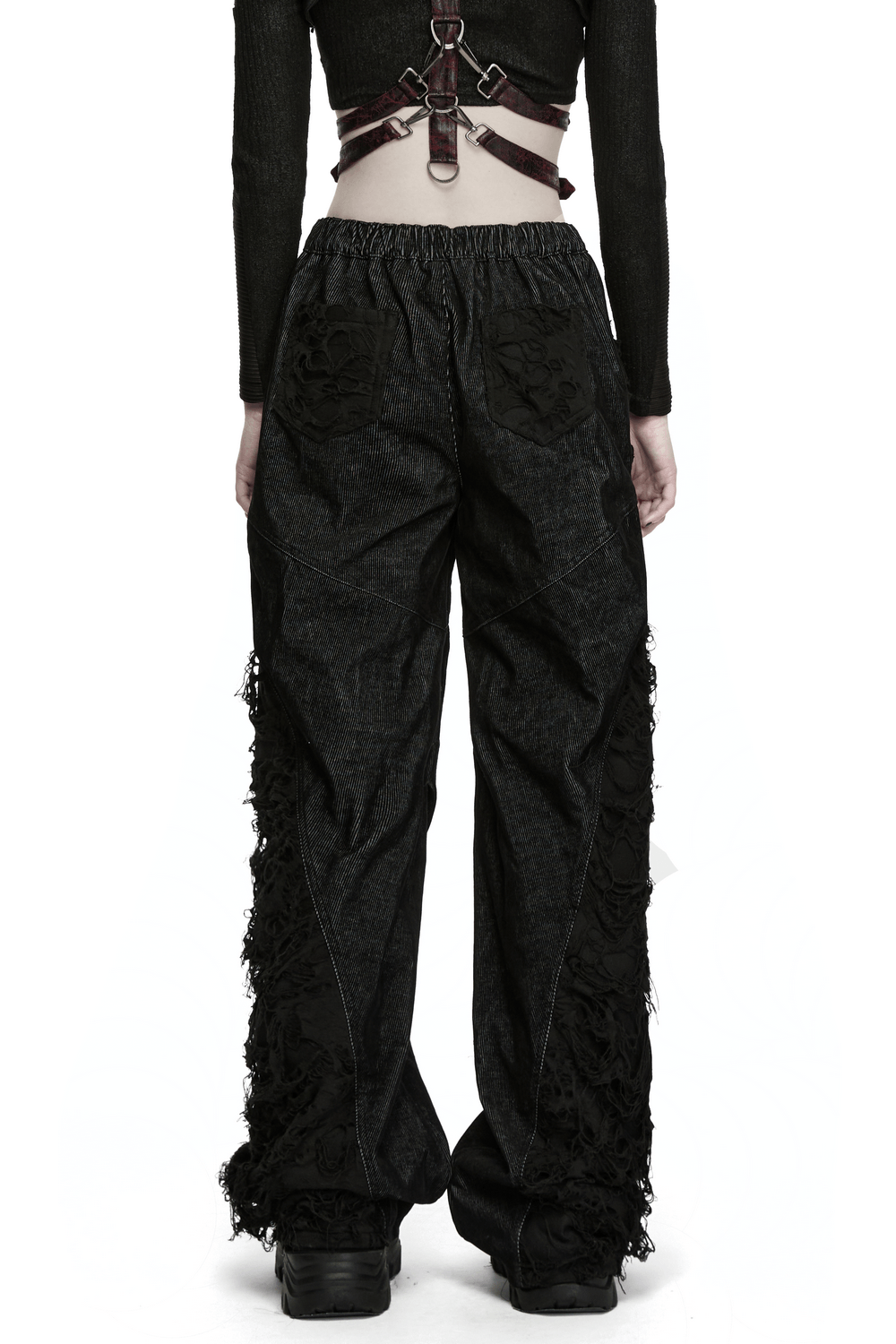 Punk Wide Leg Corduroy Pants with Shredded Mesh