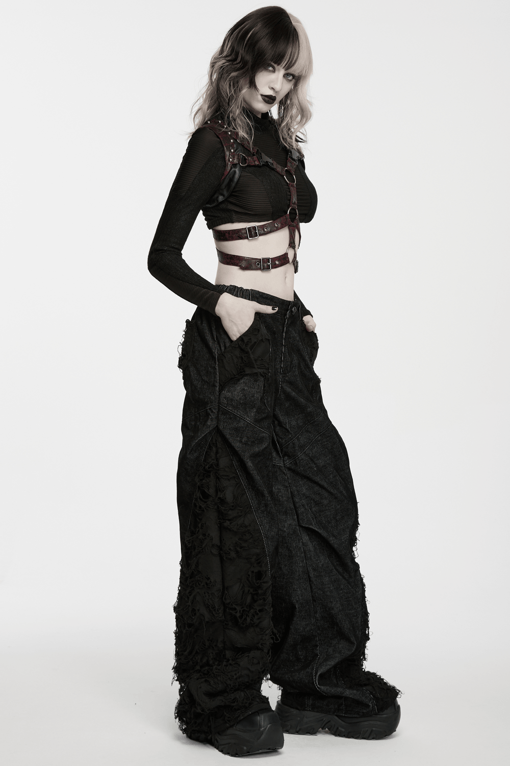Punk Wide Leg Corduroy Pants with Shredded Mesh