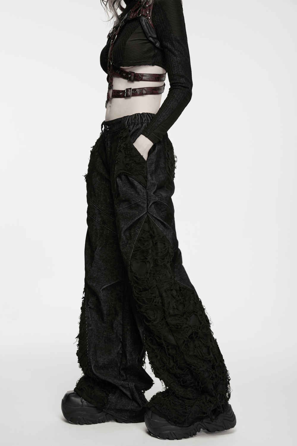 Punk Wide Leg Corduroy Pants with Shredded Mesh