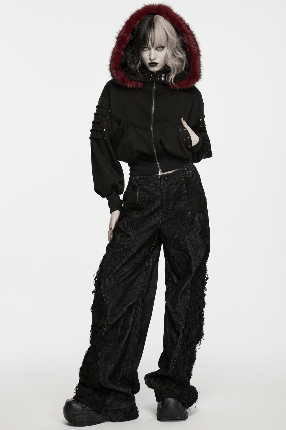 Punk Wide Leg Corduroy Pants with Shredded Mesh