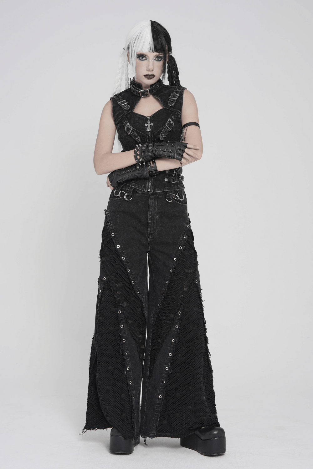 Punk Wide Leg Jeans with Distressed Mesh Panels