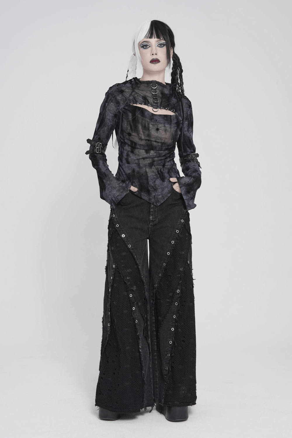 Punk Wide Leg Jeans with Distressed Mesh Panels