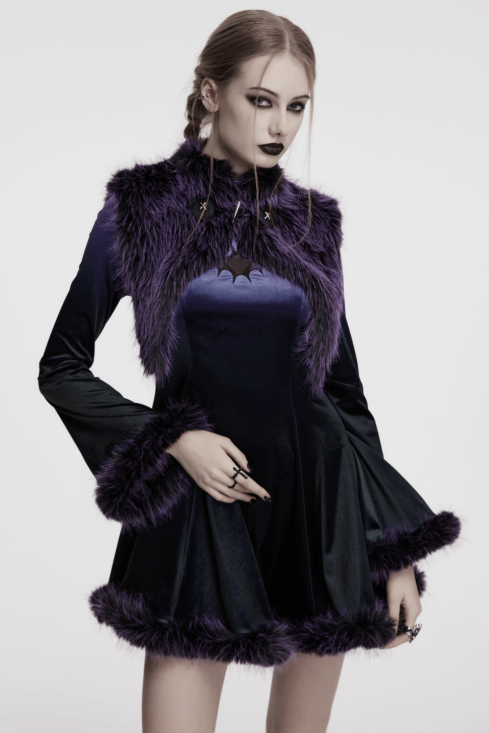 Purple Faux Fur Capelet with Horn Detail and Buttons