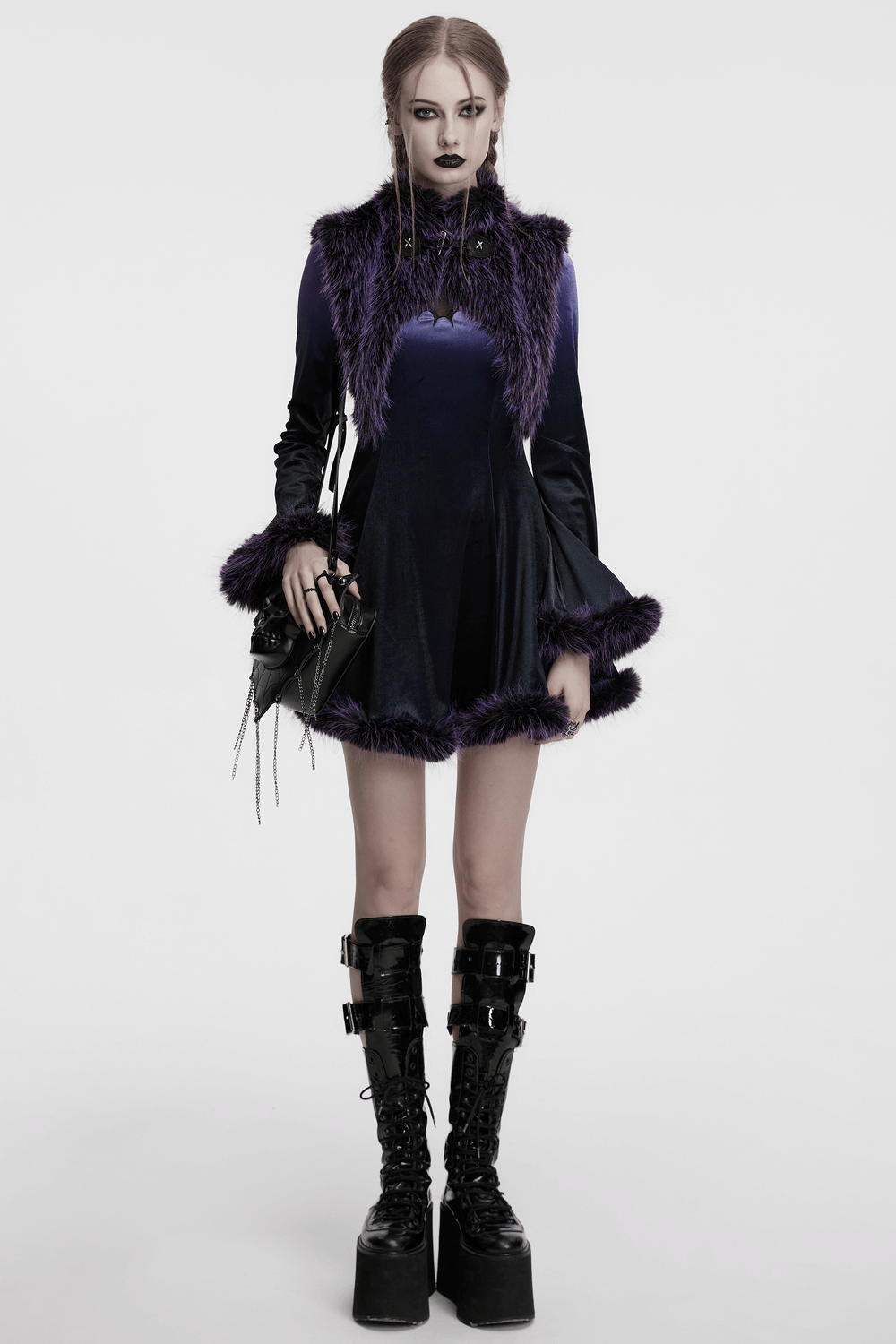 Purple Faux Fur Capelet with Horn Detail and Buttons