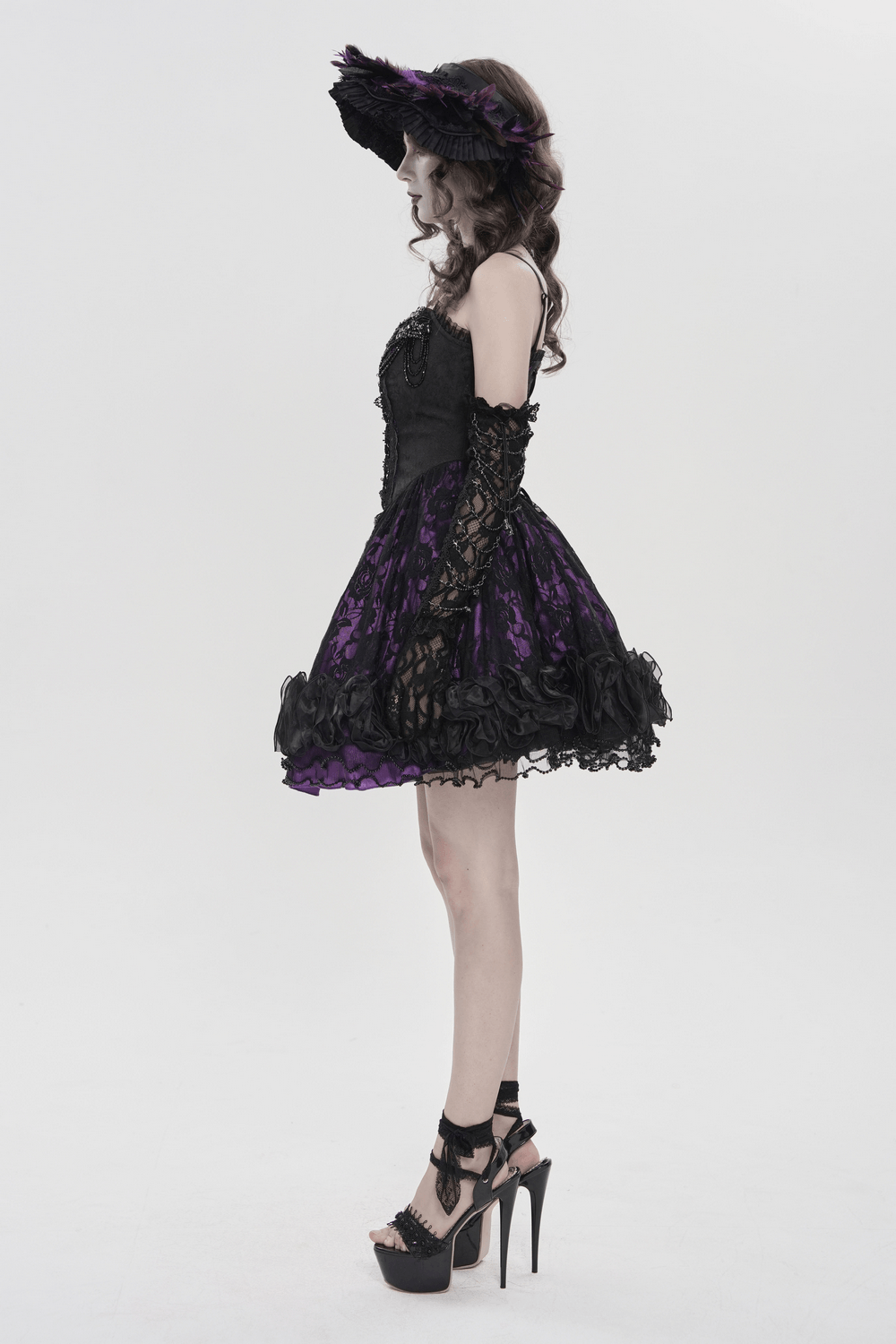 Purple Gothic Lace Corset Mini Dress with Ruffles