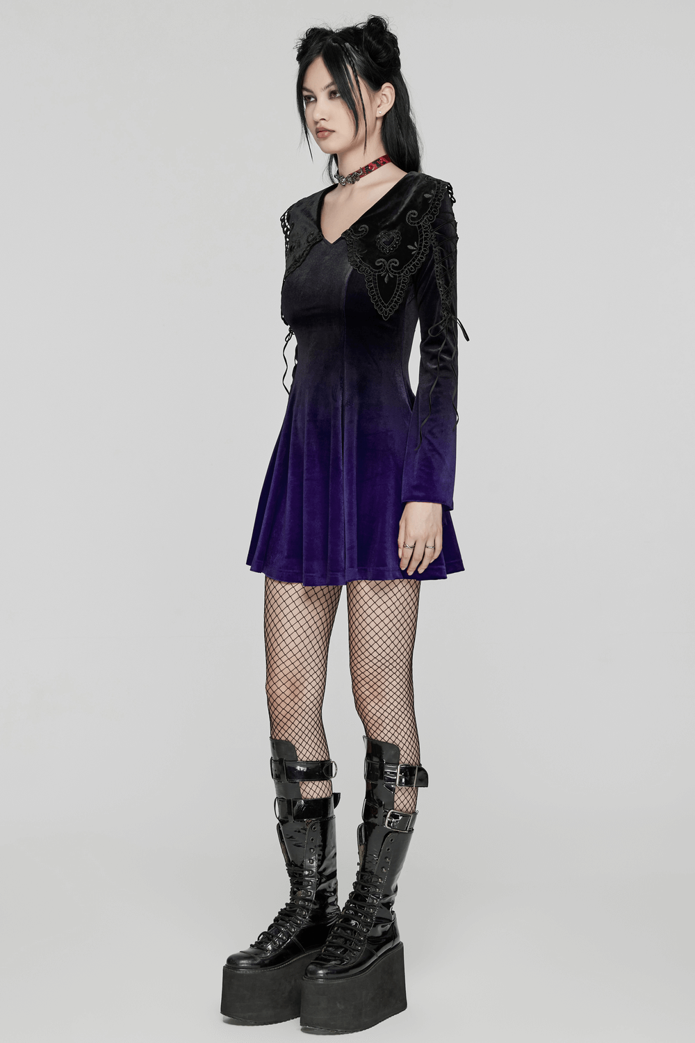 Purple Gradient Velvet Gothic Dress with Lace Details