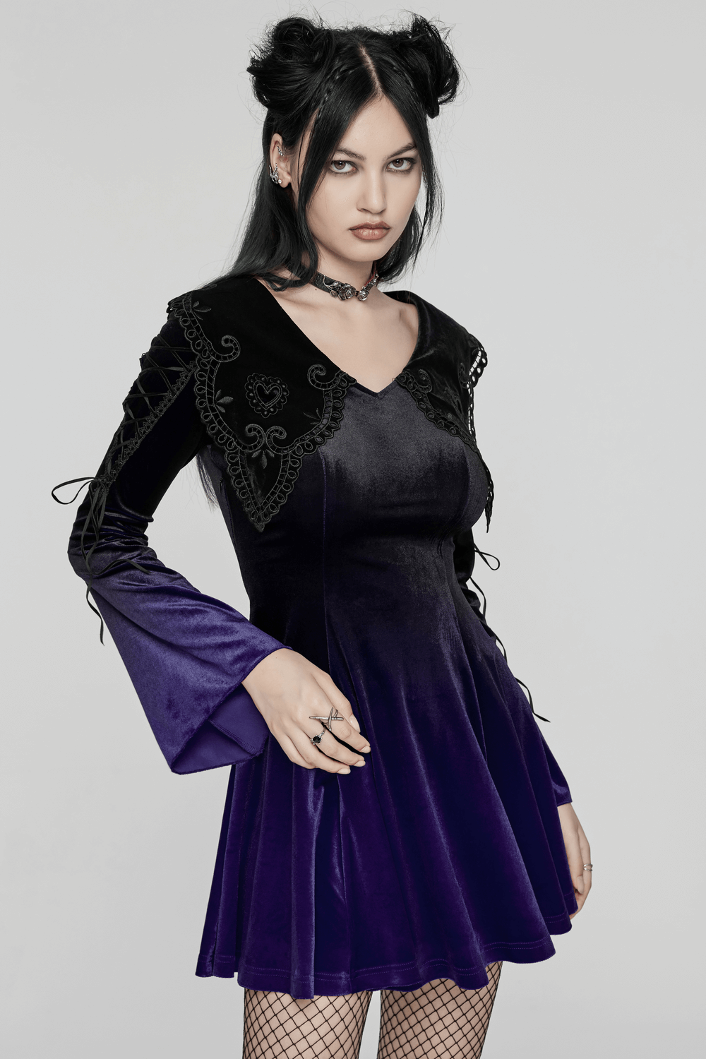 Purple Gradient Velvet Gothic Dress with Lace Details