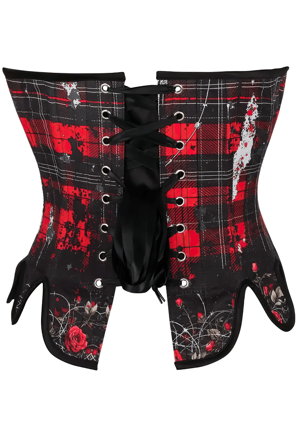 Red Black Tartan Gothic Overbust Corset with Plaid Rose Trim