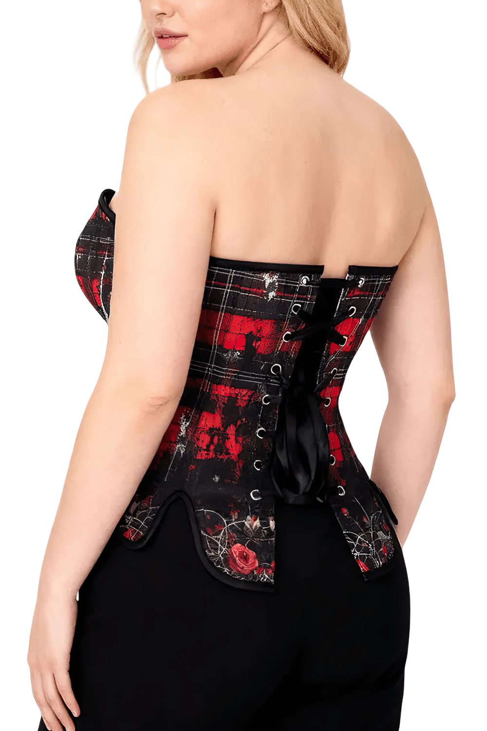Red Black Tartan Gothic Overbust Corset with Plaid Rose Trim