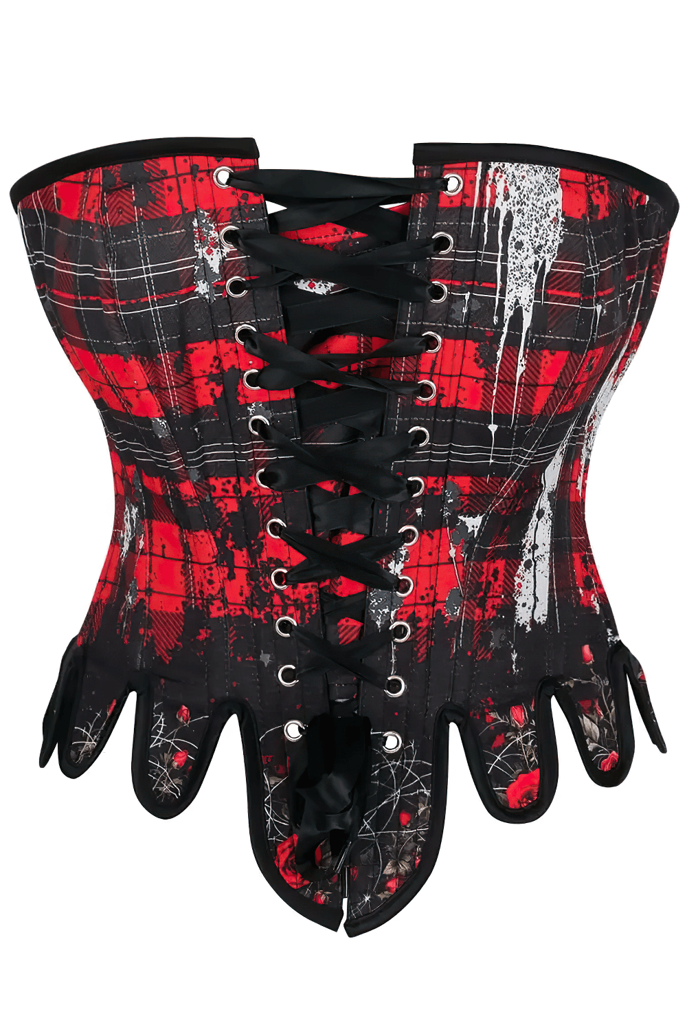 Red Black Tartan Gothic Overbust Corset with Plaid Rose Trim