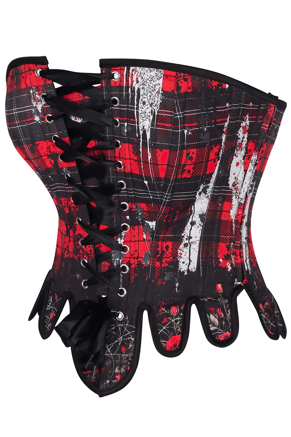 Red Black Tartan Gothic Overbust Corset with Plaid Rose Trim