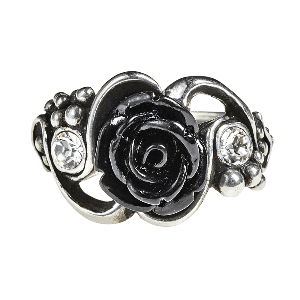 Romance Black Rose and Crystal Gothic Vine Ring