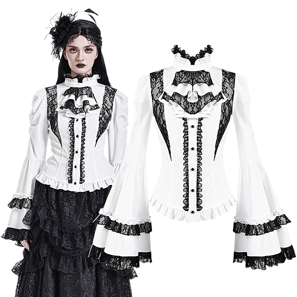 Romantic Corset Lace-Up Shirt with High Neck and Jabot Trim