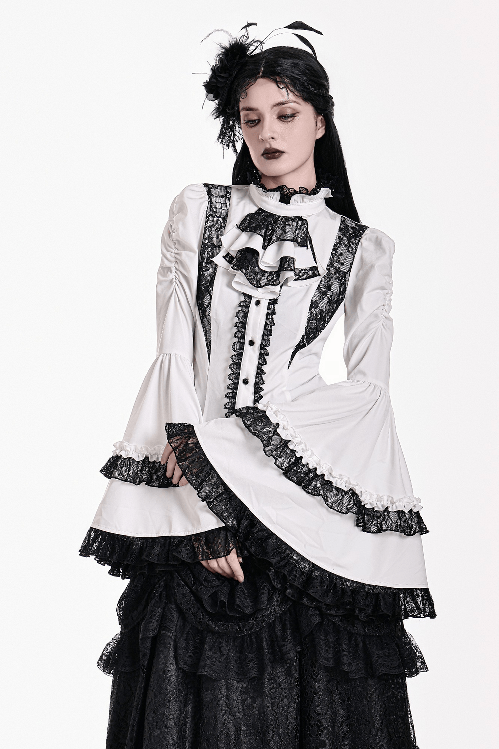 Romantic Corset Lace-Up Shirt with High Neck and Jabot Trim