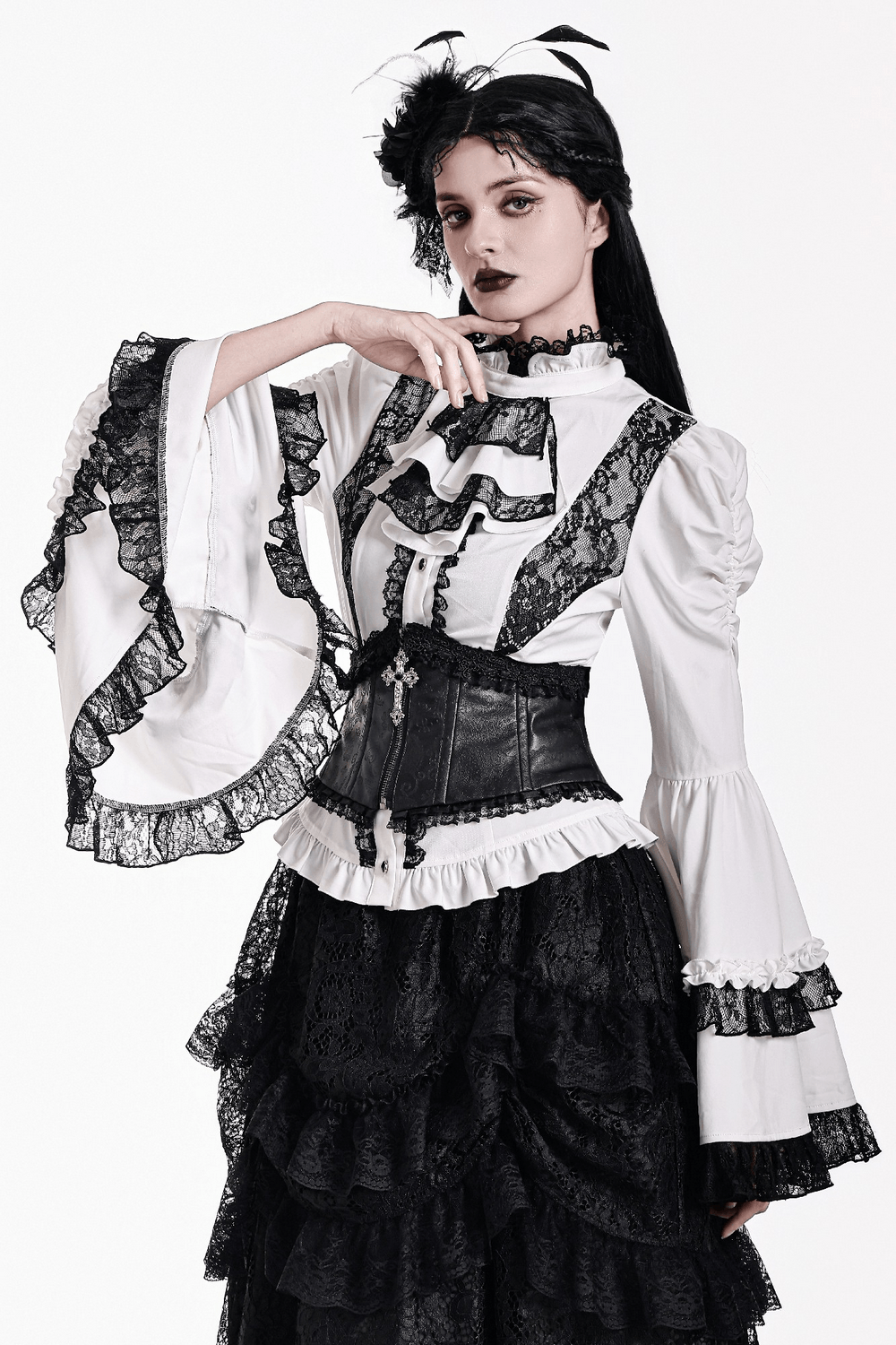Romantic Corset Lace-Up Shirt with High Neck and Jabot Trim