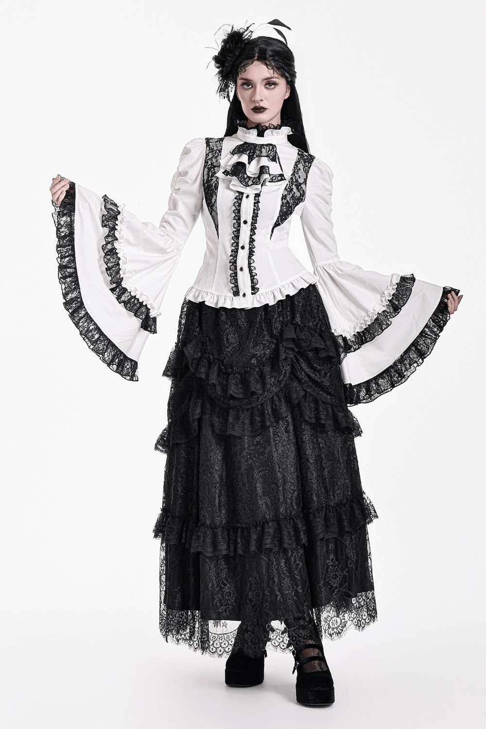 Romantic Corset Lace-Up Shirt with High Neck and Jabot Trim