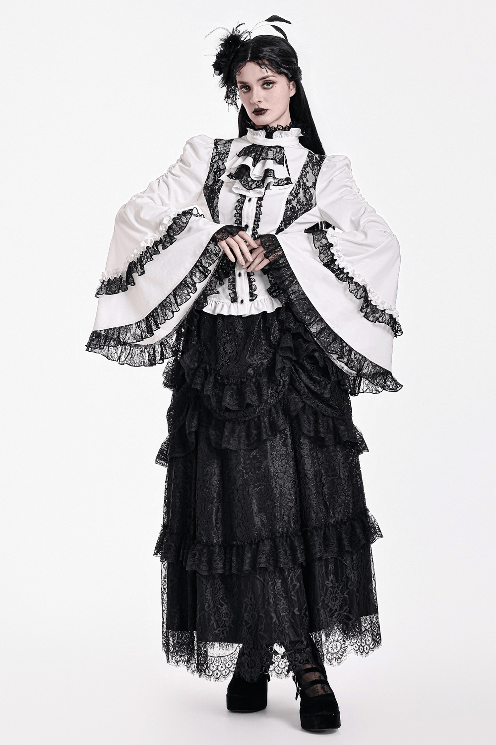 Romantic Corset Lace-Up Shirt with High Neck and Jabot Trim