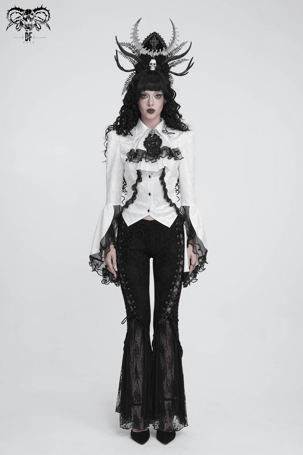 Romantic Gothic Blouse with Flared Lace Sleeves
