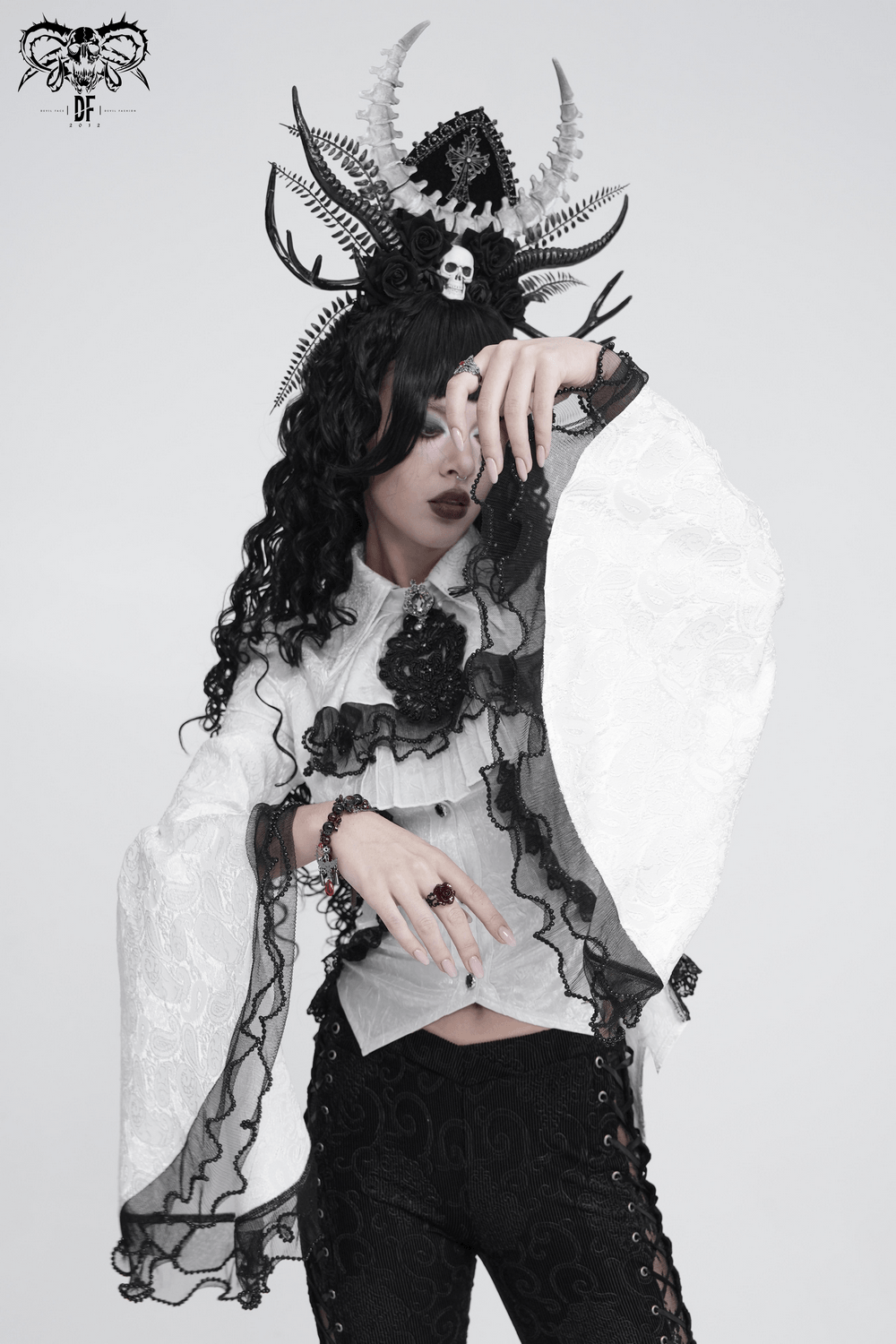Romantic Gothic Blouse with Flared Lace Sleeves