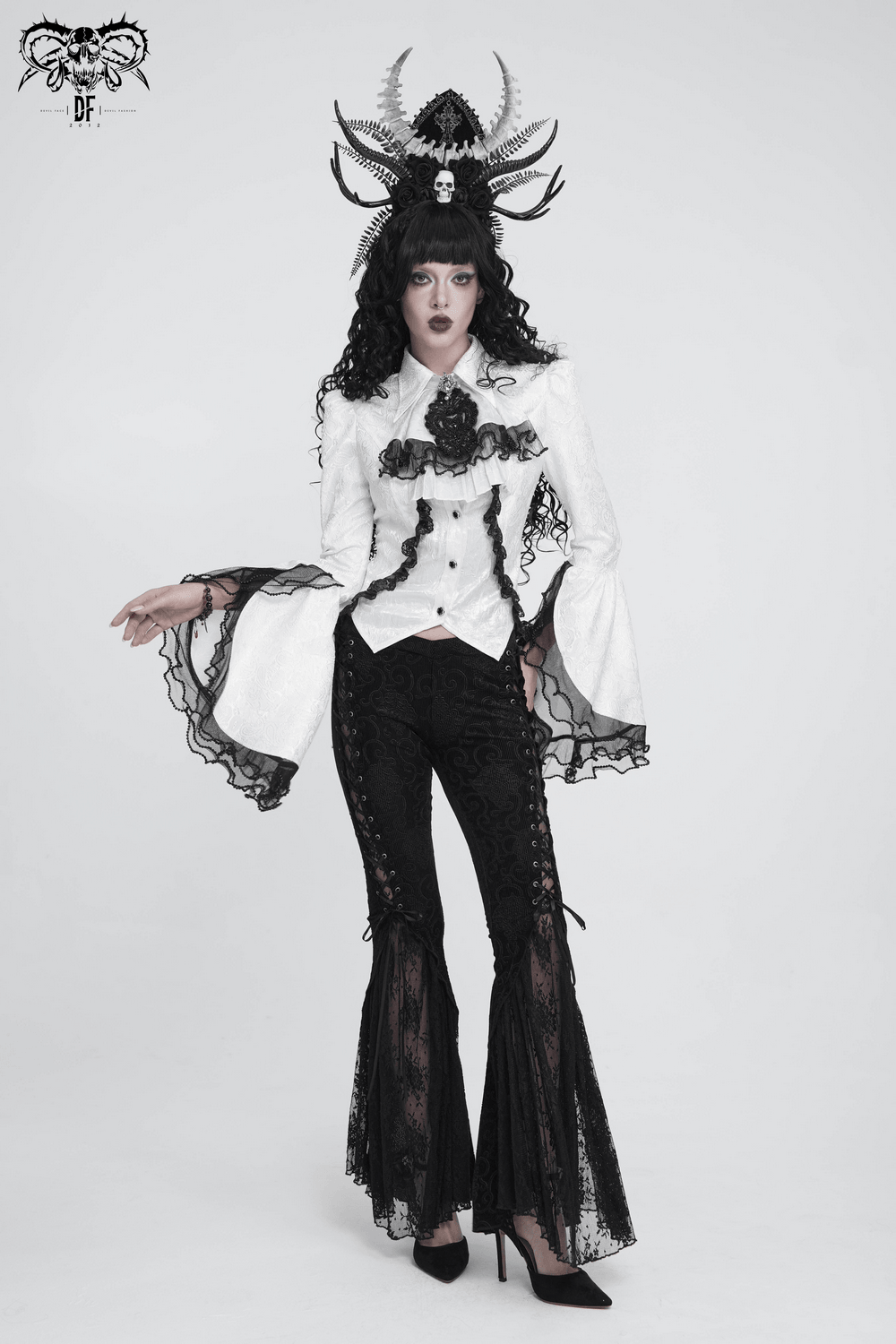 Romantic Gothic Blouse with Flared Lace Sleeves