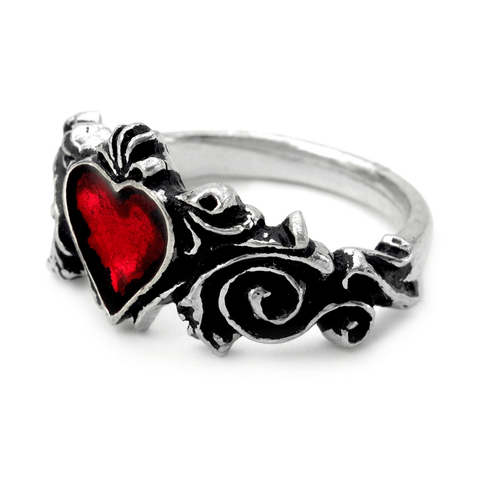 Romantic Gothic Ring with Red Heart and Floral Design