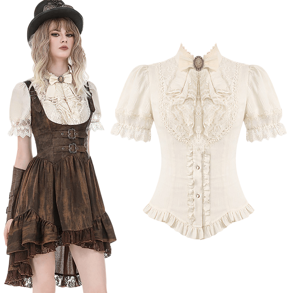 Romantic Victorian Lolita Blouse with Lace and Puff Sleeves