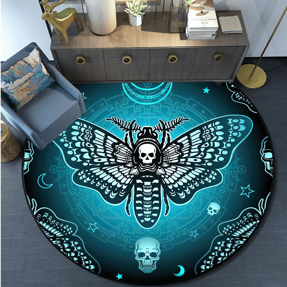 Round Gothic Death Moth Rug for Dark Room Decor