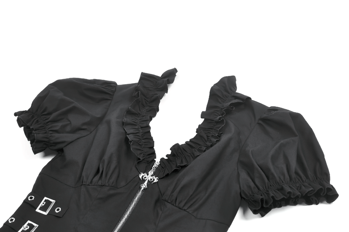 Ruffle Zip Crop Top with Buckle Straps for Women