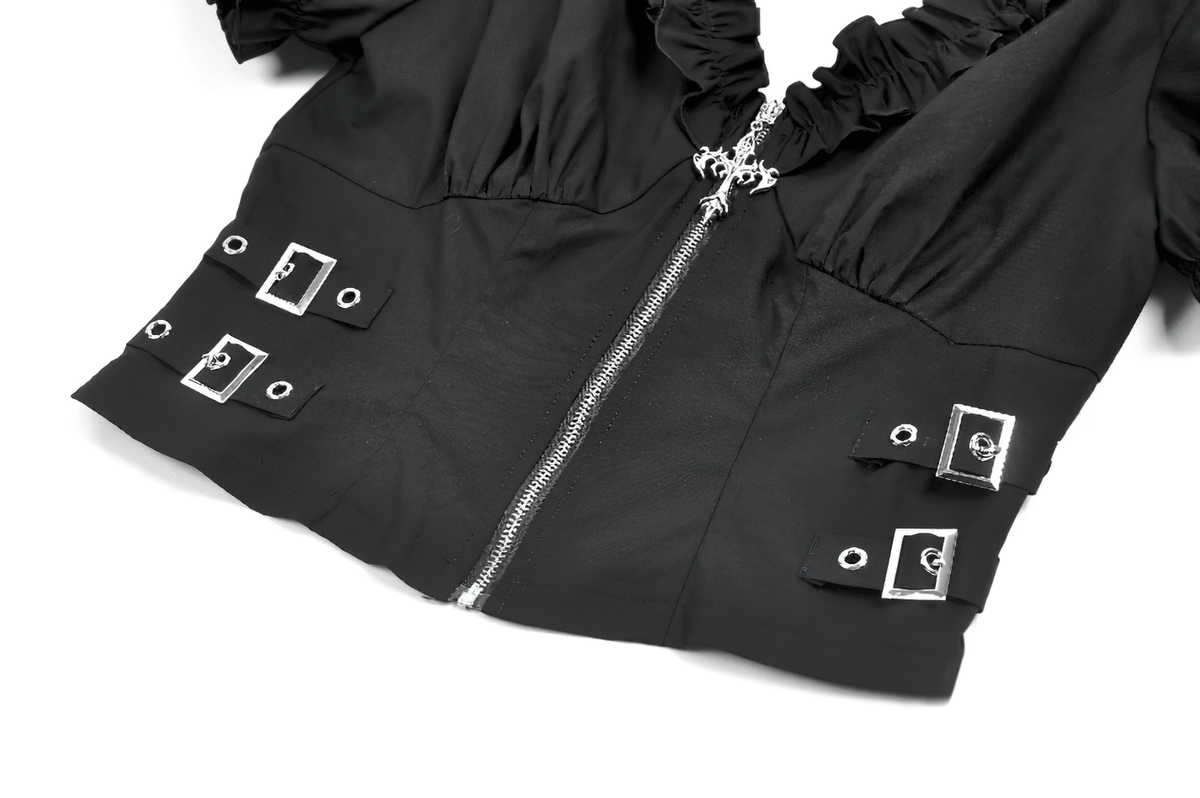 Ruffle Zip Crop Top with Buckle Straps for Women