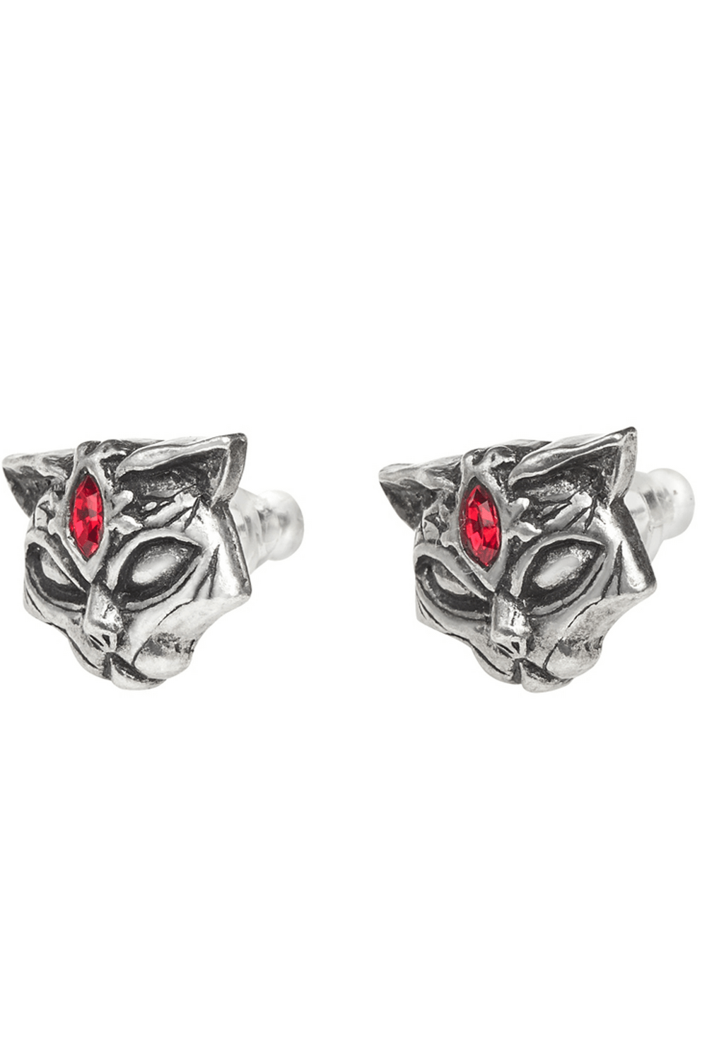 Sacred Cat Stud Earrings with Red Crystal Detail