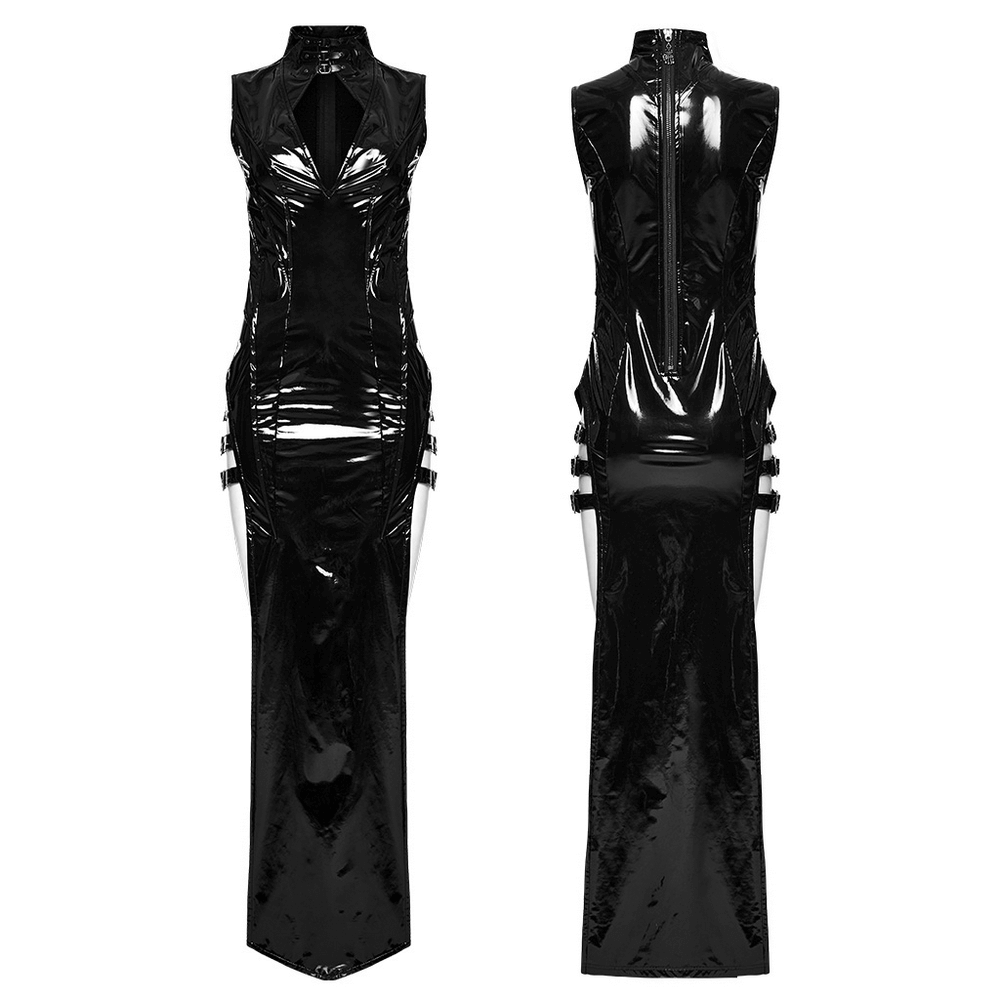 Sexy and Elegant Black Faux Leather Long Slit Dress