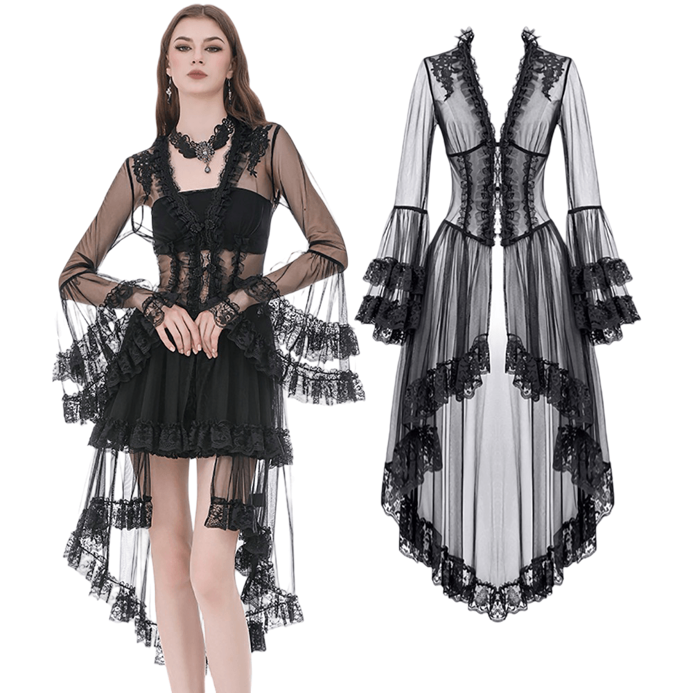 Sexy Black Gothic Sheer Lace Cape with Corset Back Detail
