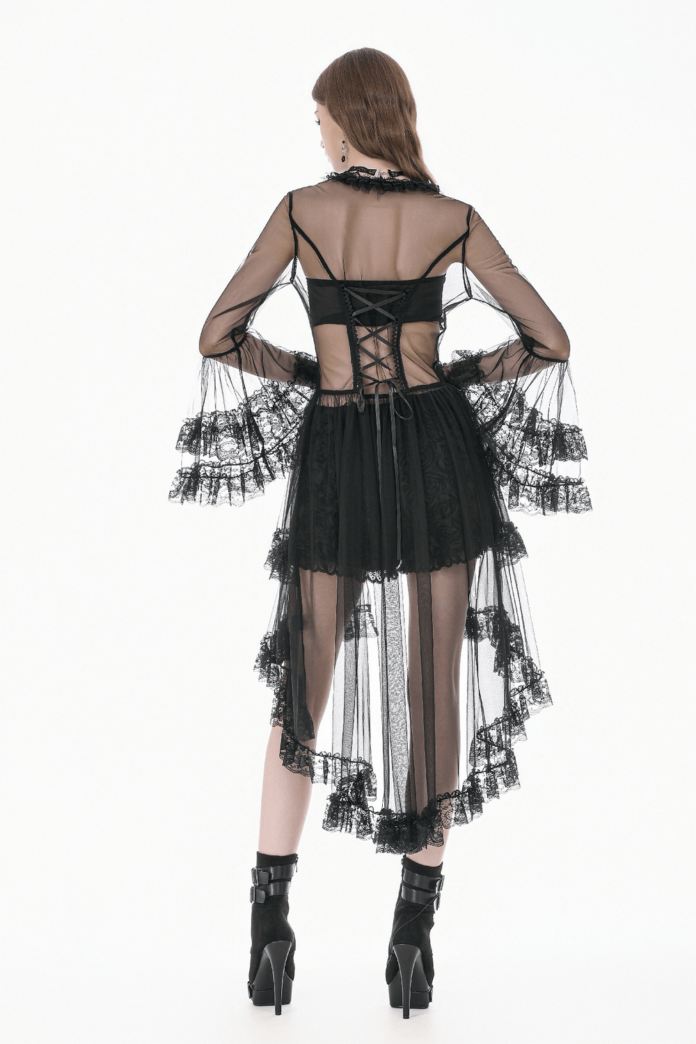 Sexy Black Gothic Sheer Lace Cape with Corset Back Detail