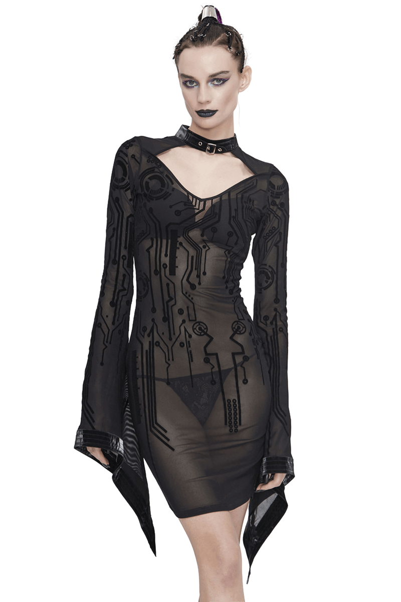 Sexy Black Transparent Women Midi Dress Slim Trumpet Sleeve / Cyberpunk Ladies Dresses
