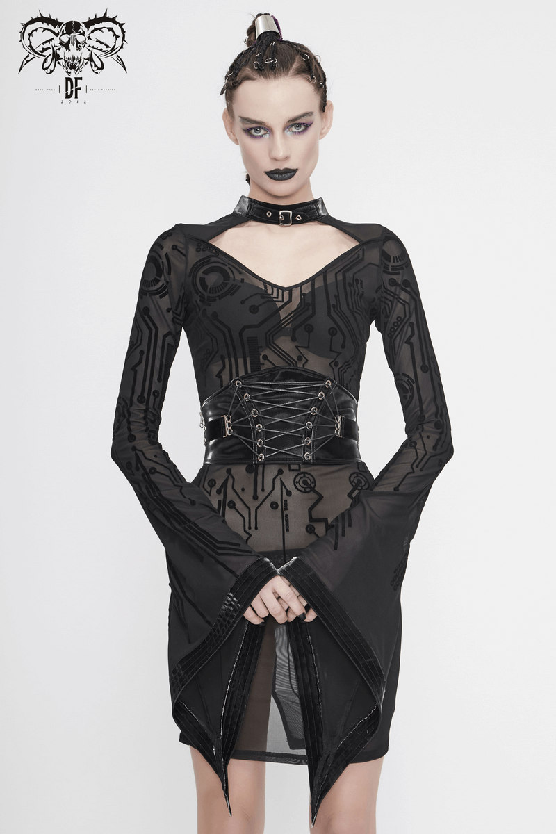 Sexy Black Transparent Women Midi Dress Slim Trumpet Sleeve / Cyberpunk Ladies Dresses