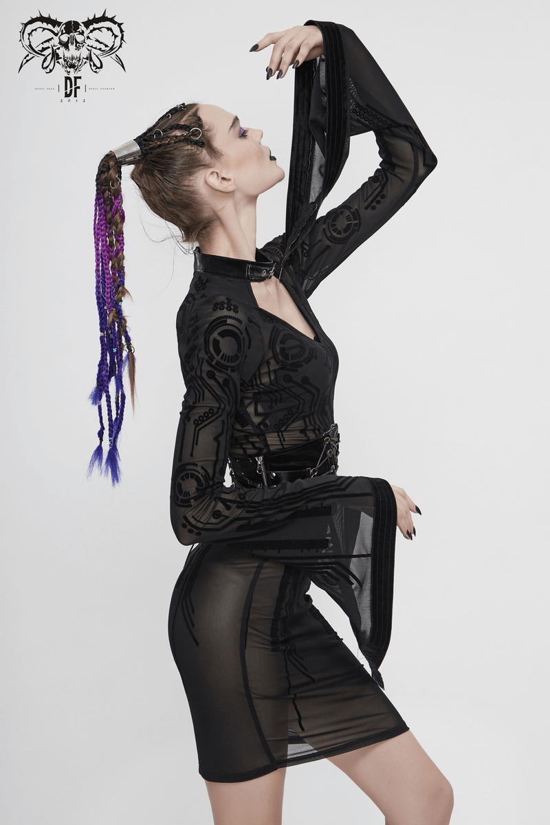 Sexy Black Transparent Women Midi Dress Slim Trumpet Sleeve / Cyberpunk Ladies Dresses