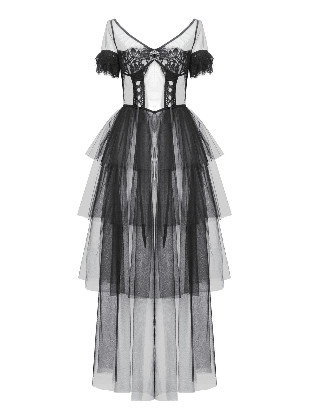 Sexy Black Tulle Gothic Dress with Lace Details and Layers