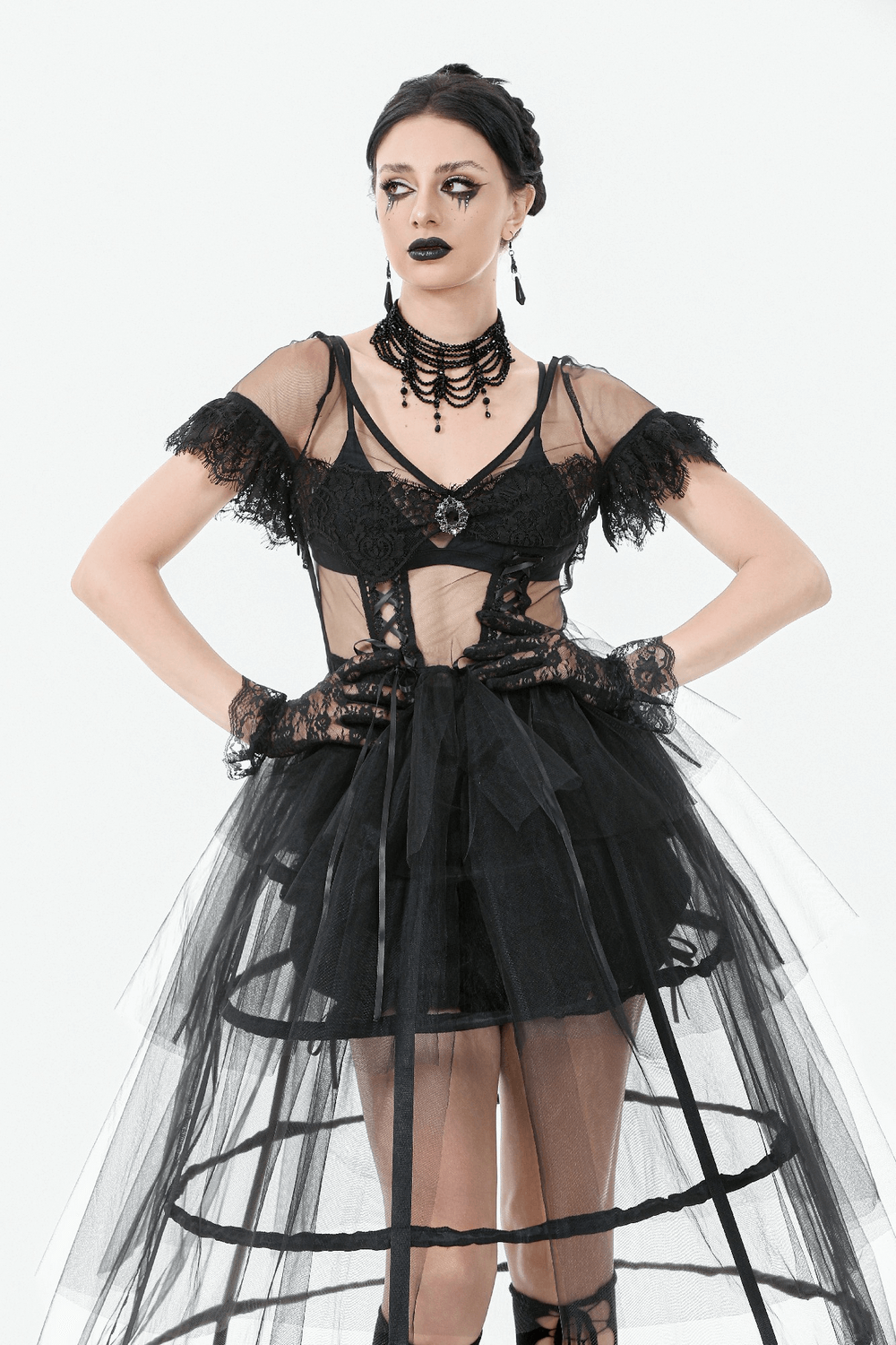 Sexy Black Tulle Gothic Dress with Lace Details and Layers