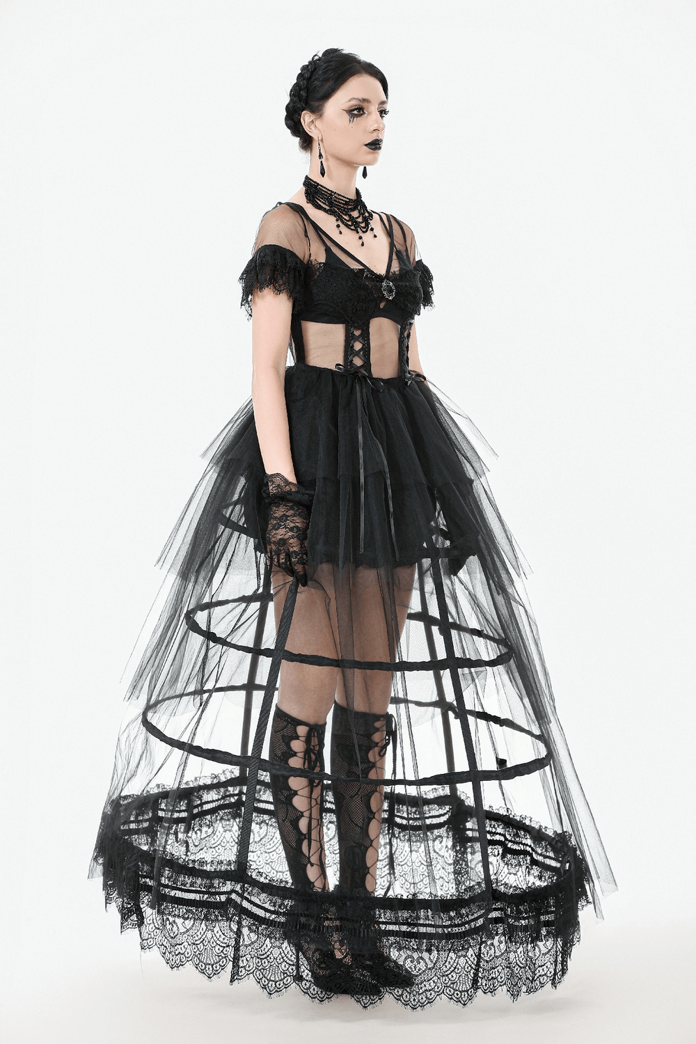 Sexy Black Tulle Gothic Dress with Lace Details and Layers