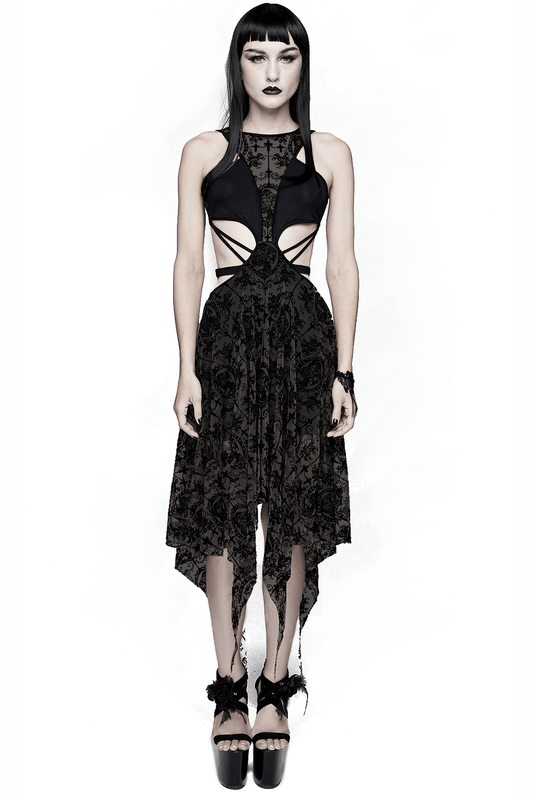 Sexy Black Vintage Pattern Irregular Dress / Gothic Women's Dress With Metal Hearts on Straps