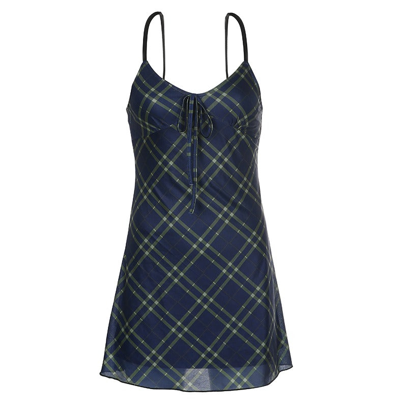 Sexy Bow Lace-Up Mini Dress in Grunge Style / Women Double Layer Mesh Backless Plaid Dress