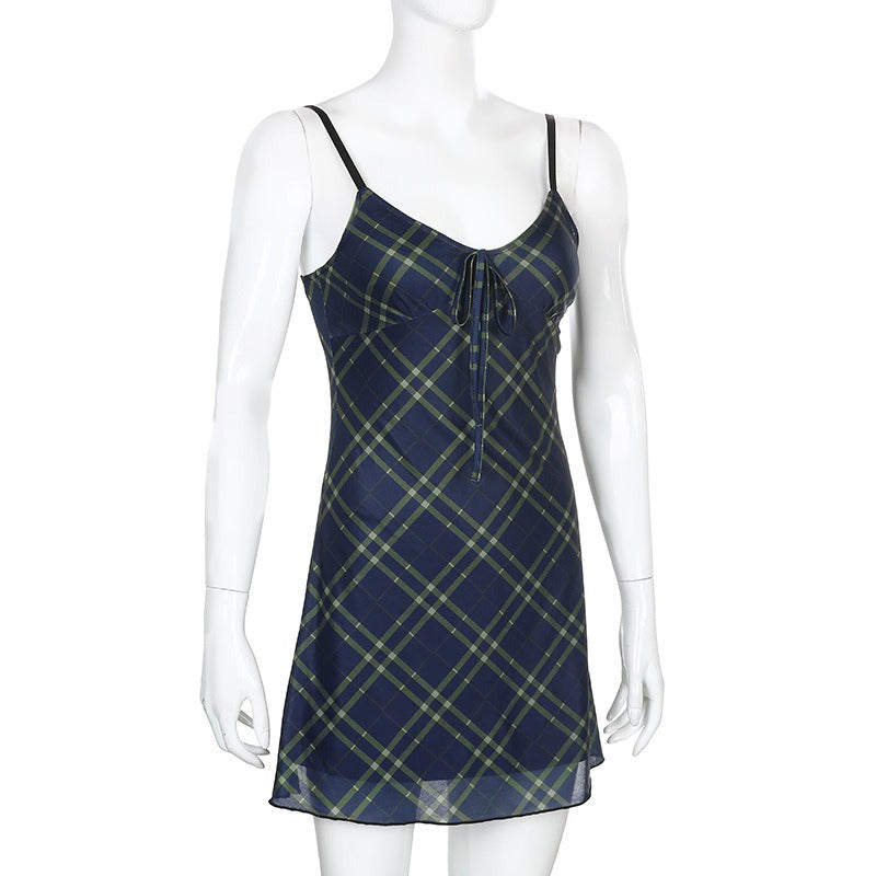 Sexy Bow Lace-Up Mini Dress in Grunge Style / Women Double Layer Mesh Backless Plaid Dress