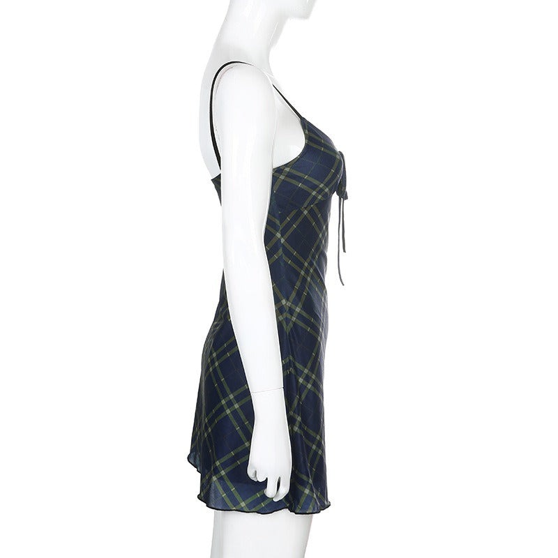 Sexy Bow Lace-Up Mini Dress in Grunge Style / Women Double Layer Mesh Backless Plaid Dress