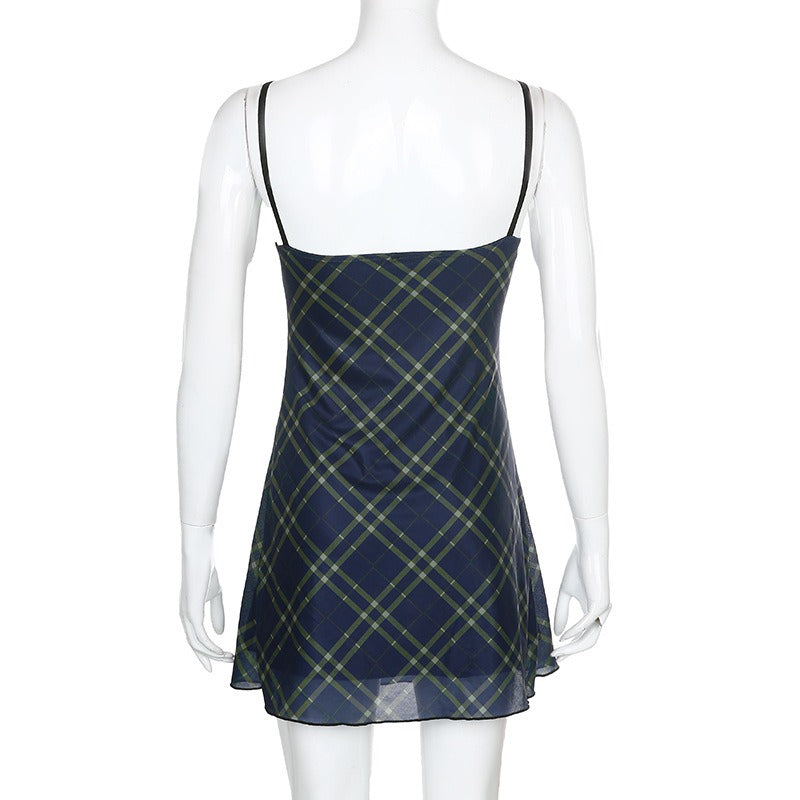 Sexy Bow Lace-Up Mini Dress in Grunge Style / Women Double Layer Mesh Backless Plaid Dress