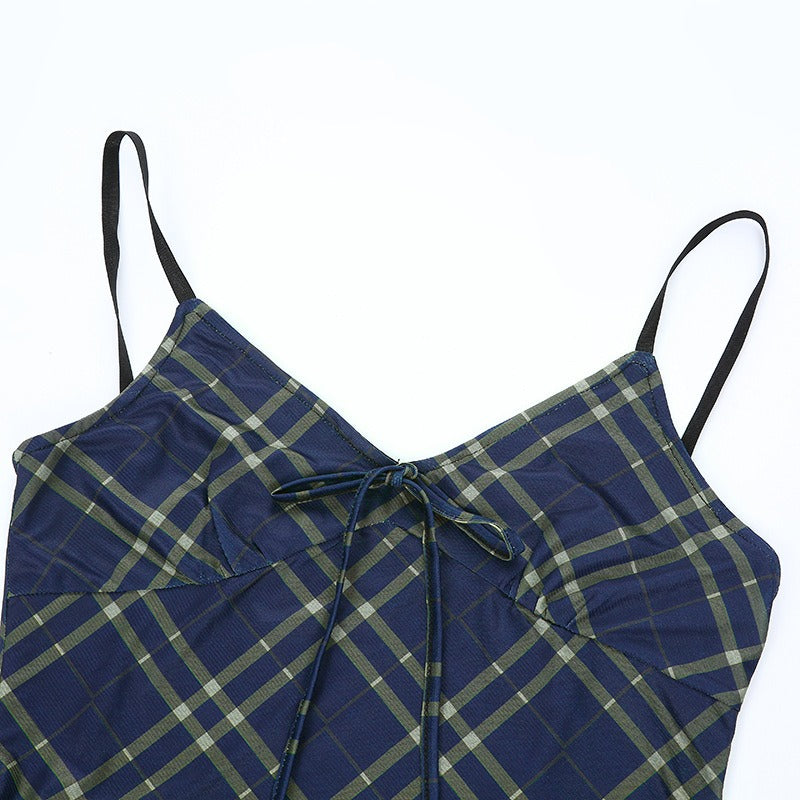Sexy Bow Lace-Up Mini Dress in Grunge Style / Women Double Layer Mesh Backless Plaid Dress