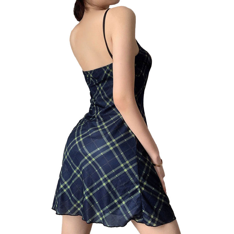 Sexy Bow Lace-Up Mini Dress in Grunge Style / Women Double Layer Mesh Backless Plaid Dress