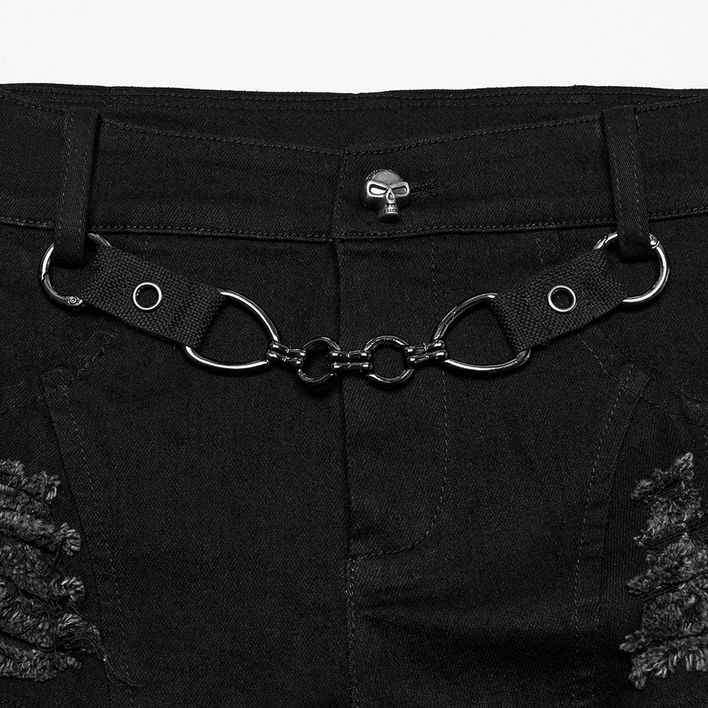 Sexy Denim Shorts with Detachable Chain and Metal Eyelets