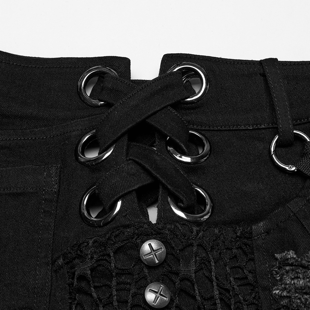 Sexy Denim Shorts with Detachable Chain and Metal Eyelets